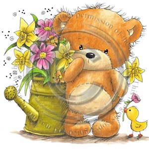 Springtime Bear, black and white  Digital Stamp, Downloadable, colouring page, cardmaking image