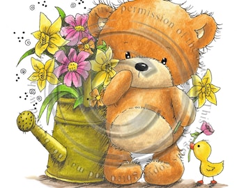 Springtime Bear, black and white  Digital Stamp, Downloadable, colouring page, cardmaking image