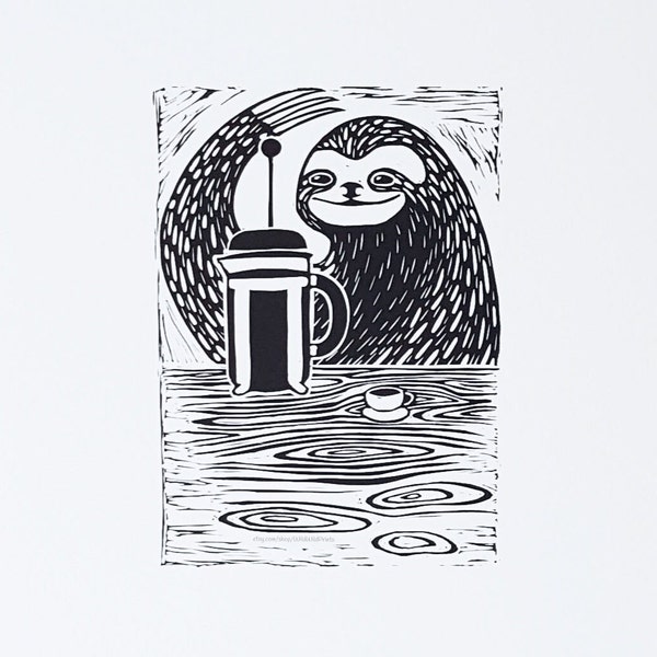 Linogravure unique | Élixir de vie | impression d'art originale en linogravure d'un paresseux faisant du café dans une presse française | Cadeau bureau à domicile