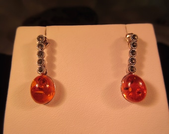 Delicate Sterling Silver Marcasite Amber Drop Earrings