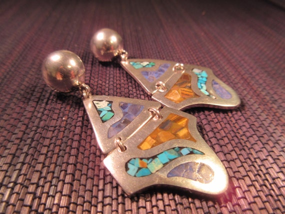 Vintage Sterling Silver Turquoise Mexico TD Earri… - image 2
