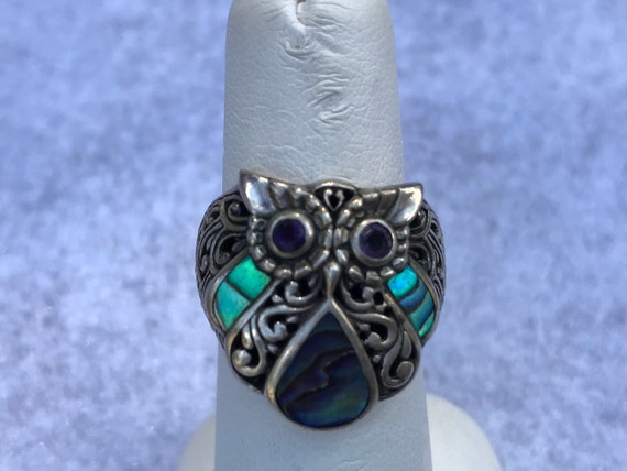 Retro Sterling Silver Abalone Owl Ring 7 - image 3