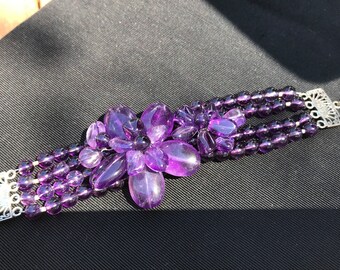 Chic Sterling Silver Purple Beaded Flower Bracelet