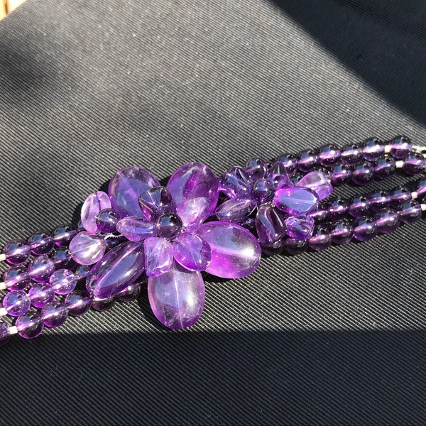 Chic Sterling Silver Purple Beaded Flower Bracelet