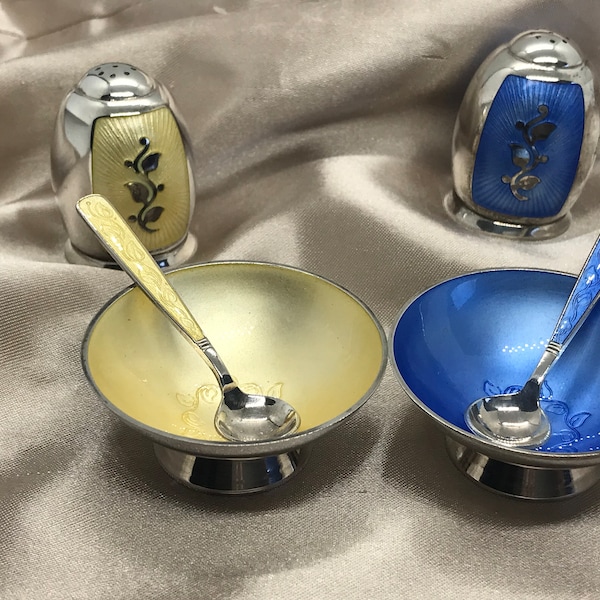 Denmark 1950’s Sterling Silver Yellow and Blue Salt and Pepper Guilloche Enamel Set VB