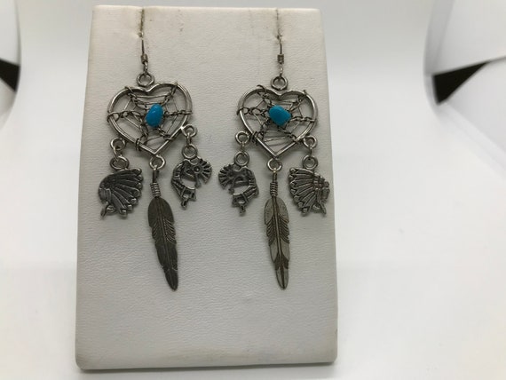Tribal Sterling Silver Turquoise Drop Earrings - image 3