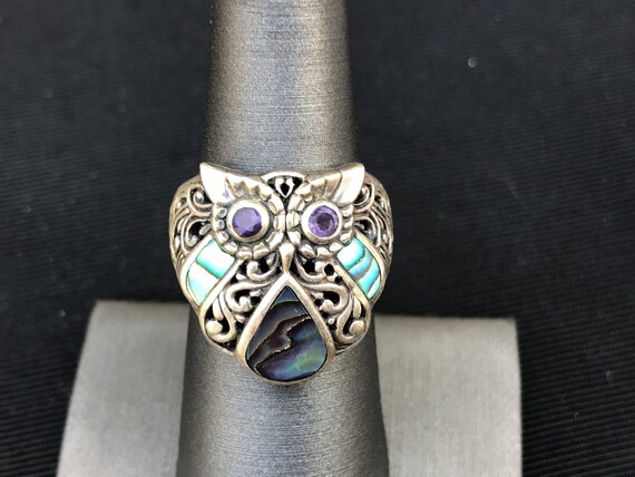 Retro Sterling Silver Abalone Owl Ring 7 - image 1