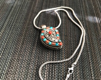 Tribal Sterling Silver Turquoise and Coral Necklace