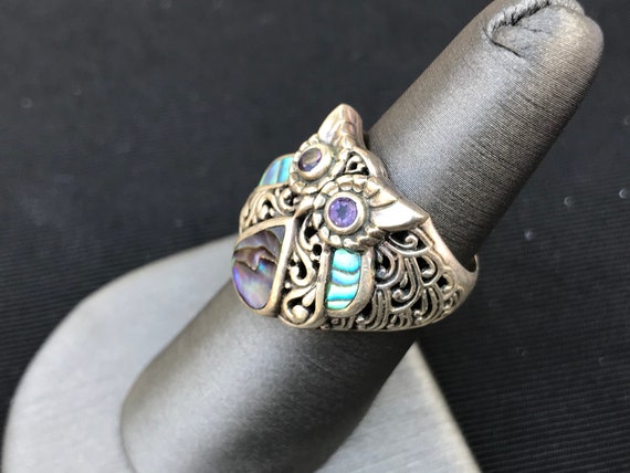 Retro Sterling Silver Abalone Owl Ring 7 - image 2