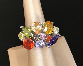 Retro Sterling Silver Multi Gemstone Ring 7