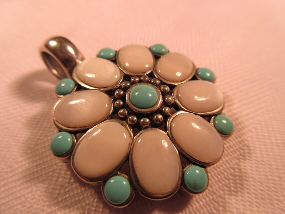 Retro Sterling Silver Turquoise M O P Brooch - image 4