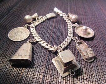 Heavy Sterling Silver Mexico Charm Bracelet - 7 Charms