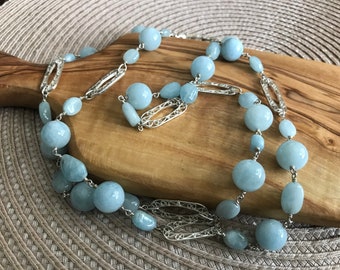 Chic Sterling Silver Pale Blue Beaded Necklace