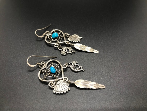 Tribal Sterling Silver Turquoise Drop Earrings - image 1
