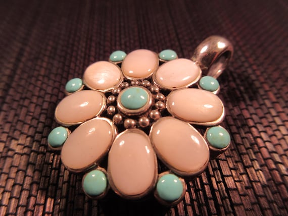 Retro Sterling Silver Turquoise M O P Brooch - image 1