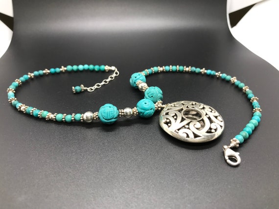 Cool Retro Sterling Silver Turquoise Barse Neckla… - image 1