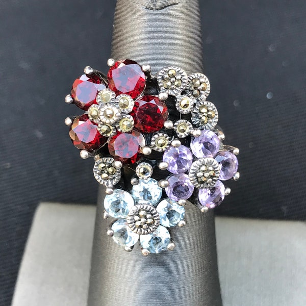 Beautiful Sterling Silver Multi Gemstone Flower Ring 5.5