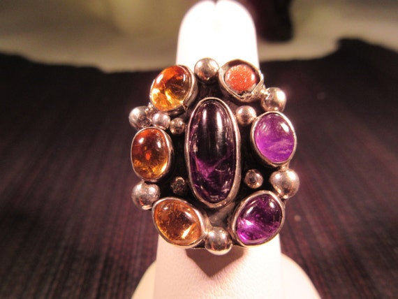 Cool Retro Sterling Silver Multi Gemstone Ring - … - image 1