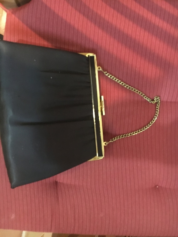 Vintage Black Satin and Gold Tone Handbag - image 1