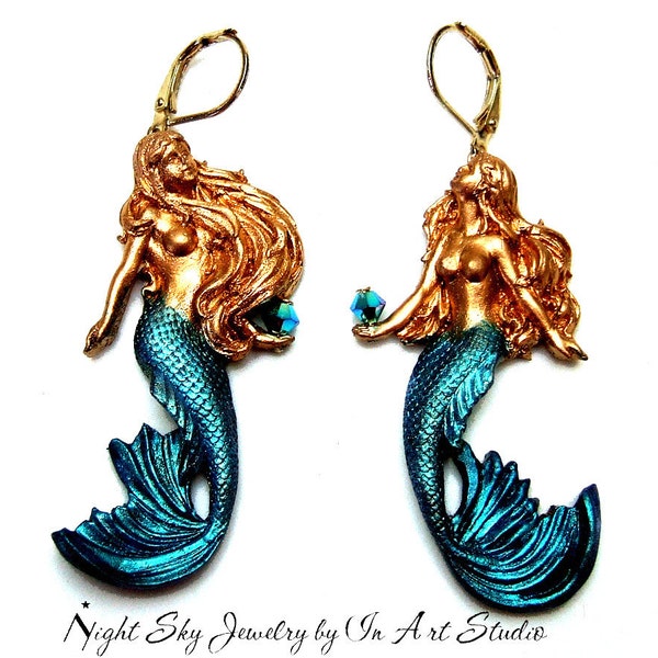 Mermaid Earrings in Gold and Blue Mermaid Jewelry with Swarovski Crystal Mermaid Jewellery Beach Wedding Mermaid Art