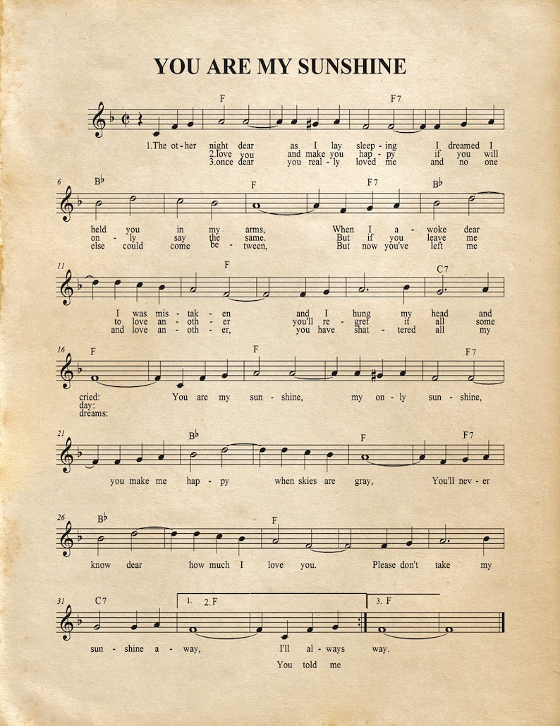 You Are My Sunshine Music Artwork Sheet Music Home Decor Etsy