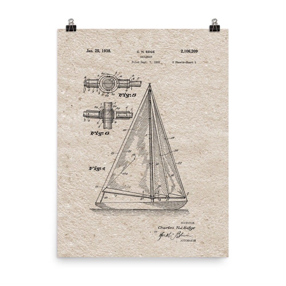 Patent Sailboat Poster Home Nautical Living Room Decor Etsy
