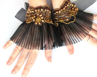 Bead embroidered bracelet, brown statement cuff, belly dance ruffled bracelet anklet, rustic wedding, embroidered glove, Unique Gifts