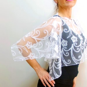 White lace capelet, lace wedding top wear shoulder wrap bolero, bridal shawl shrug, silvery rope lace stole wrap scarf, Wraps shawl
