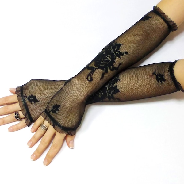 Ovedia // Free Shipping, Black Extra Long Gloves, Steampunk glove, Party Gloves, Lace Fingerless Gloves, Fantasy Lolita Sexy gloves