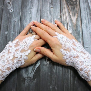 White lace gauntlet gloves, short shiny beaded lace bridal wedding fingerless gloves, free ship, celebration gift for woman, opera gloves