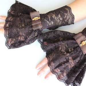 Brown victorian lace cuff bracelet, corset arm warmers laced up, Gloves Gothic, ruffled lace steampunk gloves, pirate dark rococo gloves image 3