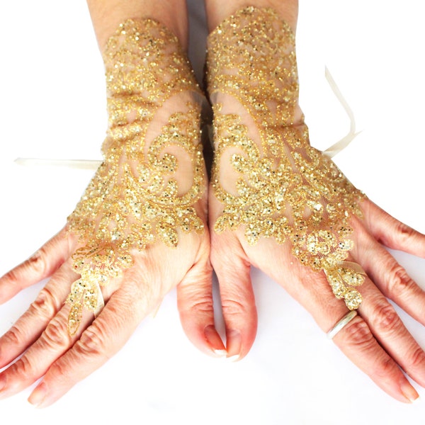 Gold lace gloves, wedding lace gloves, bridal gold glove, french lace burlesque gloves, gold lace fingerless gloves, sequin glove, gauntlet