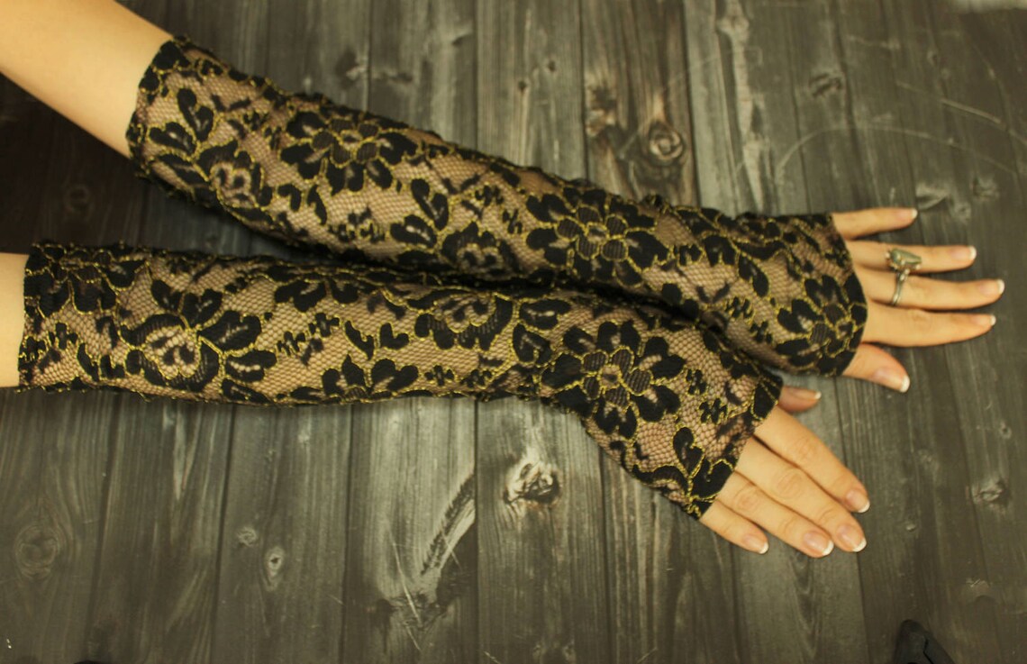 Long Black Gold Lace Gloves Opera Gloves Belly Dance Costume Etsy