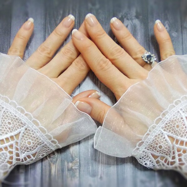 Free shipping, White Satin Frilly Mittens, Bridal Gloves, Tribal Costume Dance Cuffs