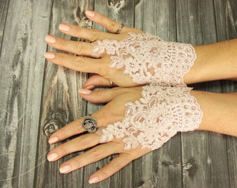 Pink bridal wedding gloves, french lace short bridal gloves, powder pink fingerless gloves, pink wedding gown, flower girl gift, bridal cuff