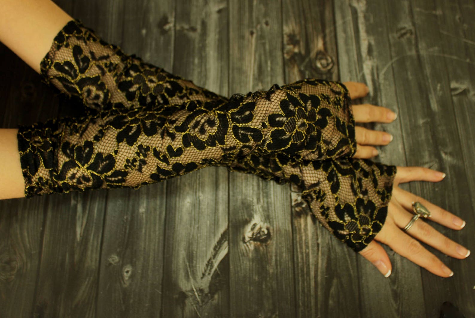 Long Black Gold Lace Gloves Opera Gloves Belly Dance Costume Gloves