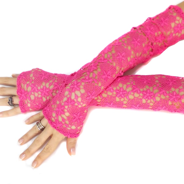 Extra long pink lace gloves, belly dance costume accessories, opera party gloves lace fingerless gloves, fantasy lolita gloves
