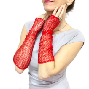 Red Long Lace Gloves Shiny Gold Red Fingerless Gloves Dance Cosplay Accessories Red Arm Warmers Gift For Her Christmas Wedding Unique Gift