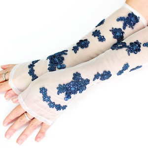 White royal blue long lace gloves, wedding accessories extra long gloves, bridal glove, fingerless glove, wristlet cuff glovelet, boho bride