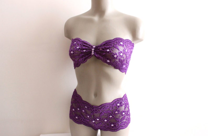 strapless bow bra purple lace underwear set shiny underwear lace top Purple lace wedding lingerie set