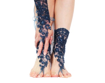 Sandalias descalzas de encaje azul, sandalias de boda de playa, tobillera de boda, zapatos desnudos, sandalia boho, zapatos de encaje, zapatos de baile de vientre, regalo para las mujeres