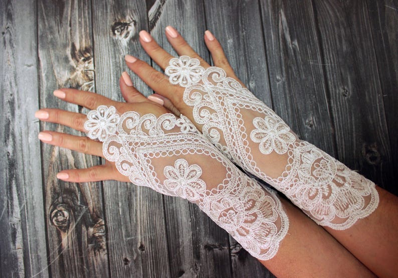 Ivory lace gloves wedding, bridal white gloves fingerless lace gloves, bridal accessories, french lace image 9