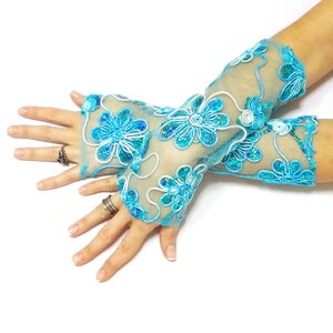 Blue Long Embroidered Sequins Gloves Long Cuff Lace Wedding Gloves Arm Warmers Fingerless Gloves Belly Dance Costume Unique Gift For Her
