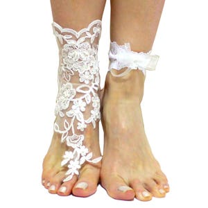 White beaded lace bridal barefoot sandal wedding anklet bridal foot jewelry beach wedding lace shoes ivory white bridal shoes foot thong