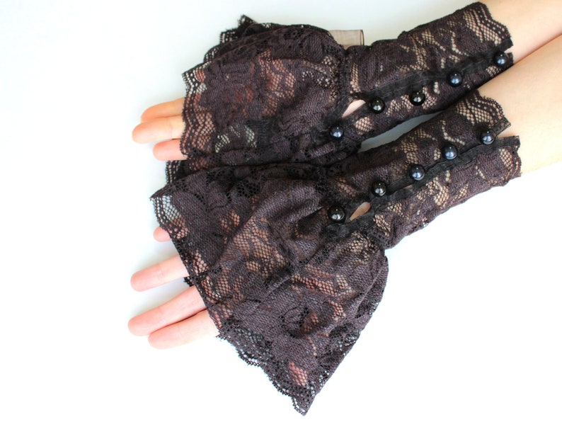 Brown victorian lace cuff bracelet, corset arm warmers laced up, Gloves Gothic, ruffled lace steampunk gloves, pirate dark rococo gloves image 2