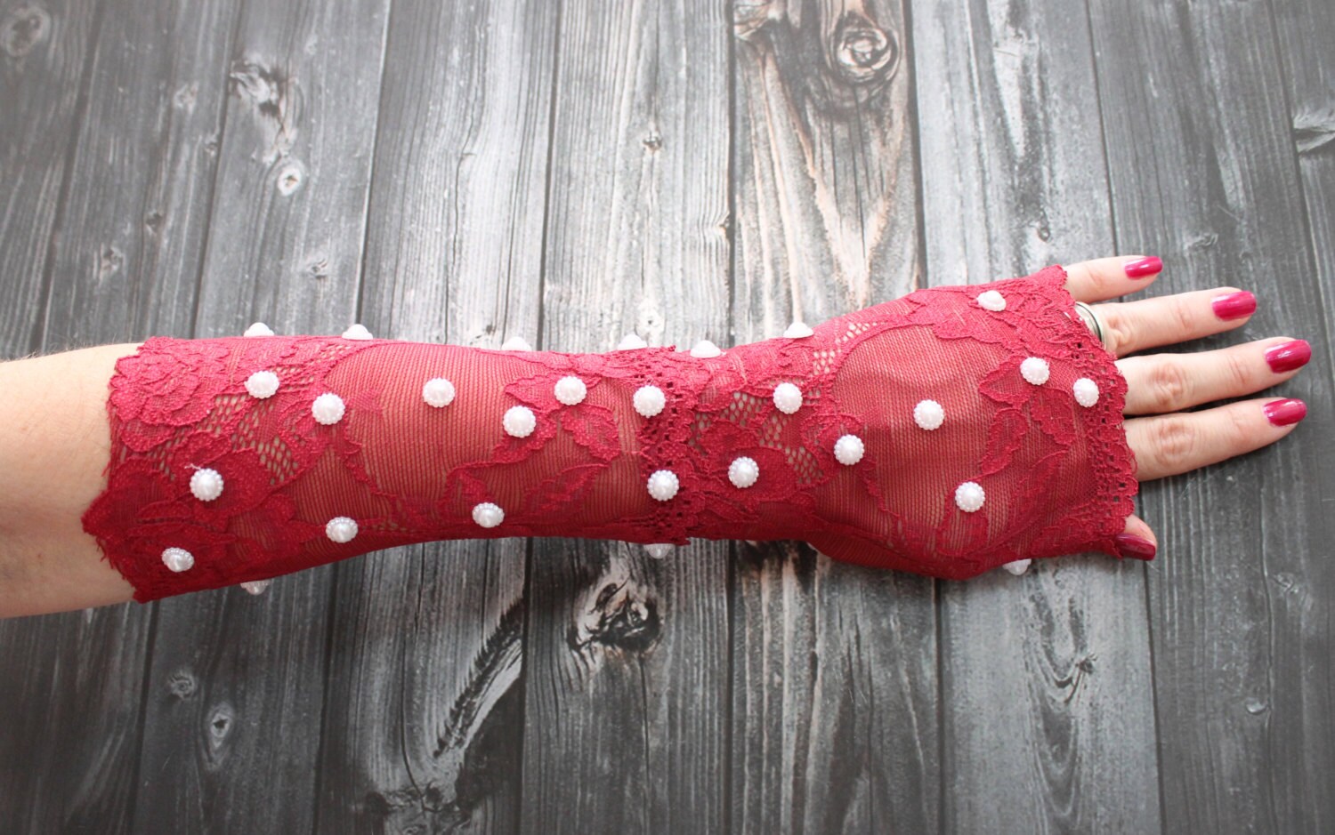 Long Red Lace Gloves, Long Burgundy Lace Wedding Gloves, Opera Gloves