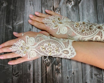 Bridal Gloves Gold Champagne Bead Embroidered Fingerless Lace Gold Gloves French Lace Gloves Alencon Gloves Belly Dance Cosplayers Gifts
