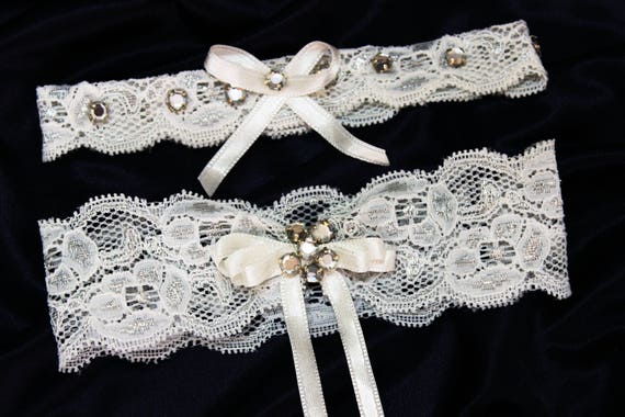 Handmade white crystal pearl wedding garter set gray and | Etsy