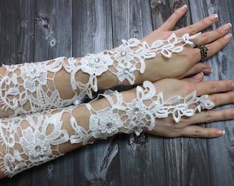 Long Bridal gloves, White Lace bridal gloves beads fancy, Fingerloop lace gloves french lace gloves, Wedding gloves
