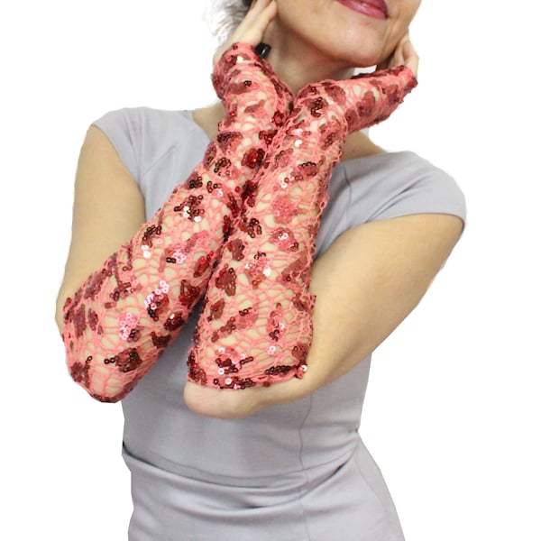 Peach Beaded Lace Gloves Unique Gifts Embroidered Lace Fingerless Gloves Mittens Cuff Bellows Glove Graduation Evening Formal Opera Gloves